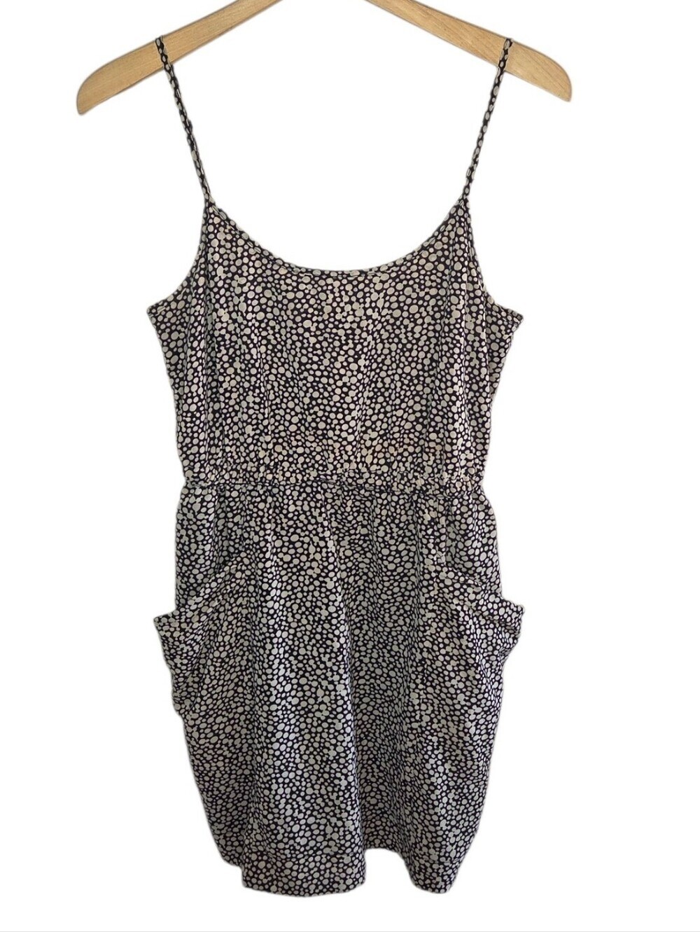Forever 21 XXI Black Tan Dot Print Cami Strap Mini Dress Side Pockets Size Small